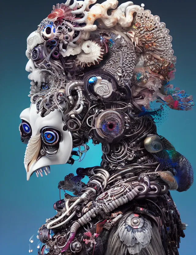 Image similar to 3 d goddess cyborg close - up profile portrait with ram skull. beautiful intricately detailed japanese crow kitsune mask and clasical japanese kimono. betta fish, jellyfish phoenix, bio luminescent, plasma, ice, water, wind, creature, artwork by tooth wu and wlop and beeple and greg rutkowski