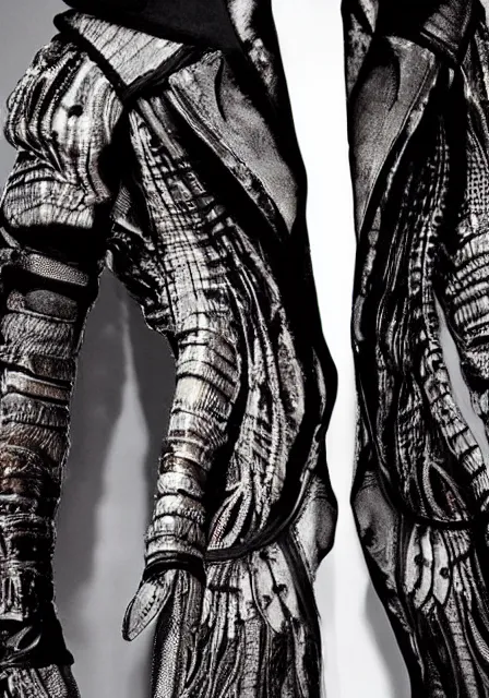 Image similar to designer menswear jacket inspired by h. r. giger designed by alexander mcqueen