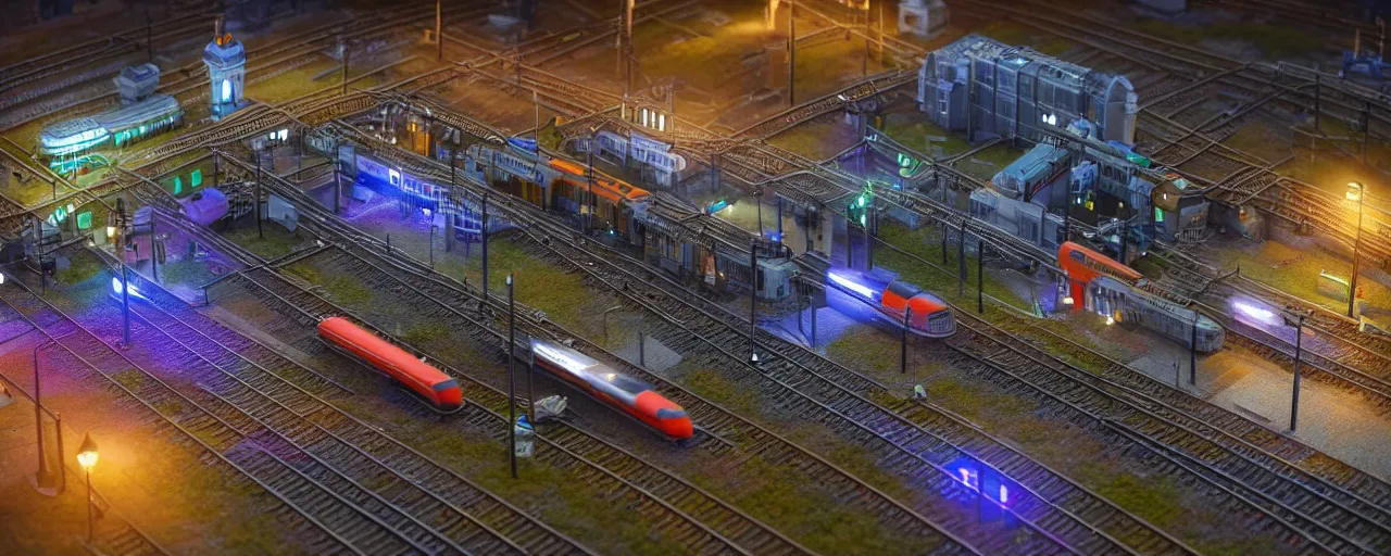 Prompt: mega detailed miniature voxel diorama of huge railway station by night, futuristic architecture, tilt shift, volumetric lighting, several trains on rails, near future 2 0 3 0