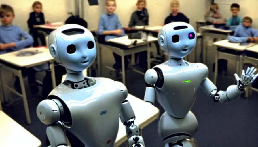 Prompt: a group photo of futuristic humanoid robot in class, by mini dv camera, very very low quality, heavy grain, very blurry, accidental flash, webcam footage, found footage, security cam, caught on trail cam