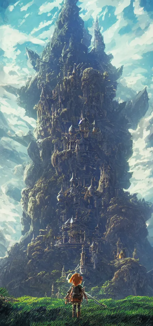 Image similar to An imposing and highly ornamented fantasy castle, Carved from Sapphire stone, Atmosphere, Dramatic lighting, Beautiful Landscape, Epic composition, Wide angle, by Miyazaki, Nausicaa, Ghibli, Breath of The Wild