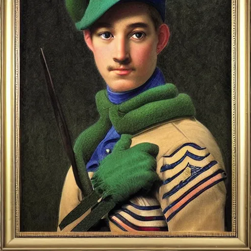 Image similar to kermit the frog : : framed : : fancy portrait : : decorated military uniform : : 8 k, highly detailed, clean lines, line work, intricate : : painting by john william godward