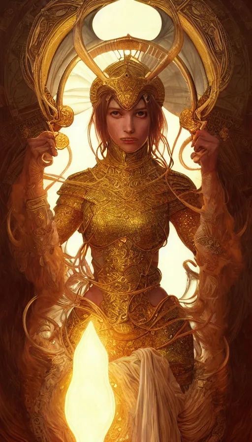 Prompt: aries fiery ram tarot, holy light, intricate armor, elegant, highly detailed, digital painting, artstation, concept art, smooth, sharp, focus, illustration, art by artgerm , james jean, gustav klimt, greg rutkowski, and alphonse mucha