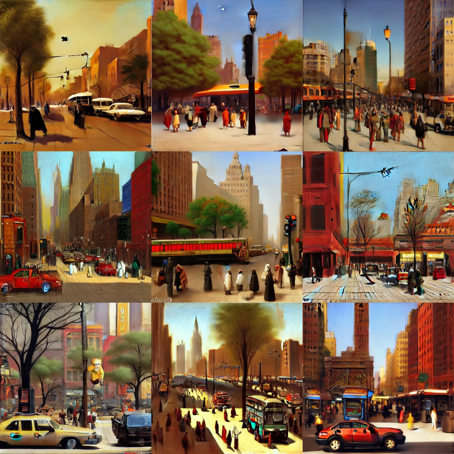 Prompt: detailed, streets, moroccan ny, new york city, mta subway entrance, public bus, bus stop, tree, car traffic, traffic light, 2010, pedestrians, shops, Jean-Leon Gerome