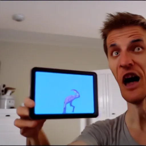 Prompt: photo still from a velociraptor's vlog, the real velociraptor complaining about his samsung refrigerator