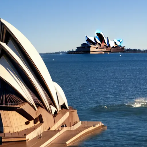 Prompt: a photo of the sydney opera house and the statue of liberty standing next to each other, high quality, 4 k, handheld, photorealistic