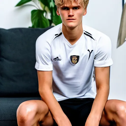 Image similar to a realistic detailed photo of a guy who is an attractive humanoid who is half robot and half humanoid, who is a male android, soccer player martin ødegaard, shiny skin, posing like a statue, blank stare, in a living room, on display, showing off his muscles