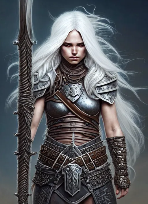 Image similar to barbarian, plated armor!!! long wild white hair!! covered chest!!! fantasy, d & d, intricate ornate details, digital painting, pretty face!!, symmetry, concept art, sharp focus, illustration, art by artgerm! greg rutkowski magali villeneuve wlop! ilya kuvshinov!!, octane render