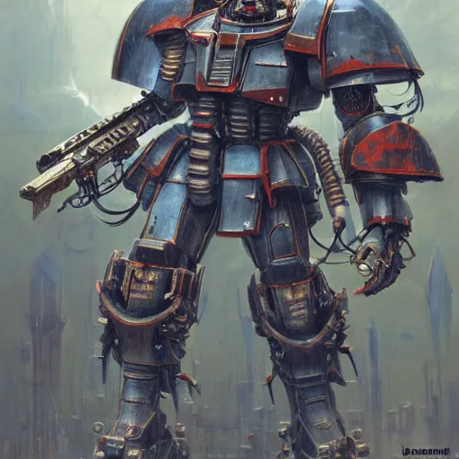 Image similar to warhammer 4 0, 0 0 0 4 0 k emperor armor realistic anthropomorphic dreadnaught scifi cyberpunk, colonial marine, gundam armor, visible face and full body portrait art by donato giancola and greg rutkowski, vintage retro scifi, realistic face, digital art, trending on artstation, symmetry syd mead, vincent di fate, michael whelan, john berkey