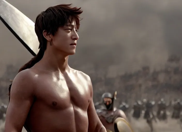 Image similar to film still of jungkook as leonidas in 3 0 0 movie, 8 k