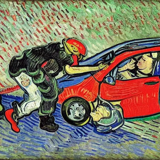 Prompt: pit lane accident. painted by van gogh. bright colors . extreme heat