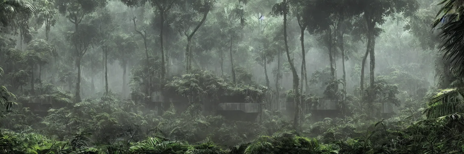 Image similar to brutalist architecture deep in the rainforest. nature is taking over. matte painting in the style of craig mullins. mist. cinematic. octane render.