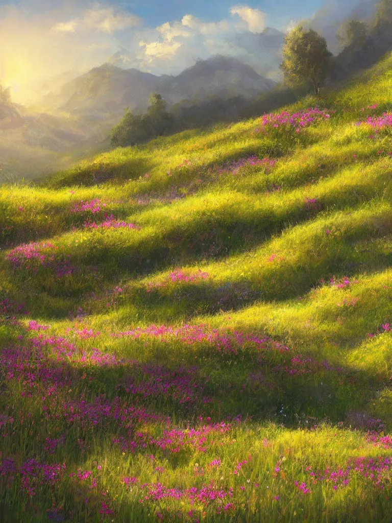 Image similar to wildflowers on the hillside by disney concept artists, blunt borders, rule of thirds, golden ratio, godly light