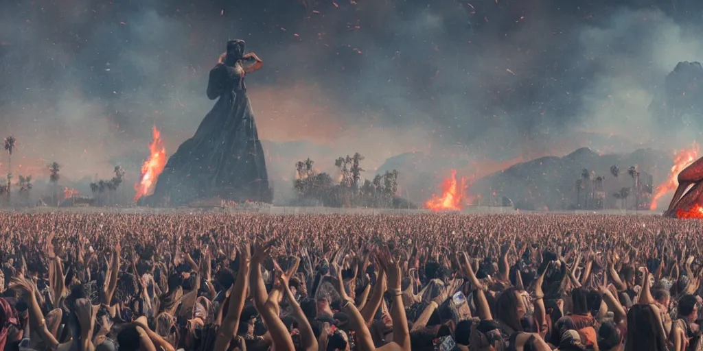 Prompt: realistic cinematic views of a Orwellian Coachella with fires in the background and dead birds falling from the sky in front of the main stage worshipping a large statue of kim kardashian, hyper detailed, terror glows, hyper realistic, digital painting, 8k, 35mm film grain, octane render