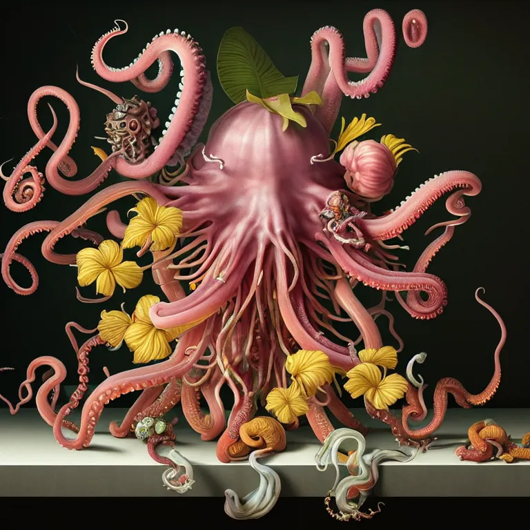 Prompt: still life of tropical flowers, alien squid, octopus, pastel tropical flowers, surreal alien ribbed tropical fruit, white human spine, baroque painting, beautiful detailed intricate insanely detailed octane render, 8K artistic photography, photorealistic, chiaroscuro, Raphael, Caravaggio