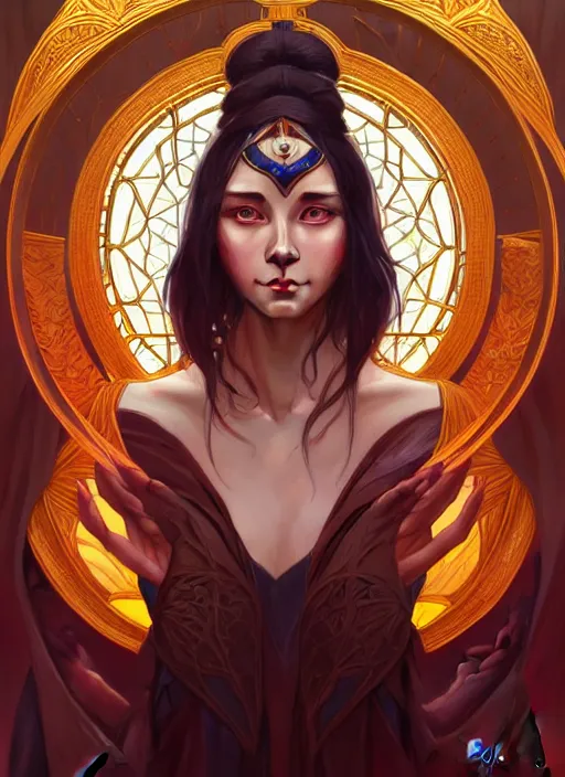 Image similar to symmetry!! portrait of a female sorcerer, dar fantasy, intricate, elegant, highly detailed, my rendition, digital painting, artstation, concept art, smooth, sharp focus, illustration, art by artgerm and greg rutkowski and alphonse mucha and huang guangjian and android jones and sachin teng