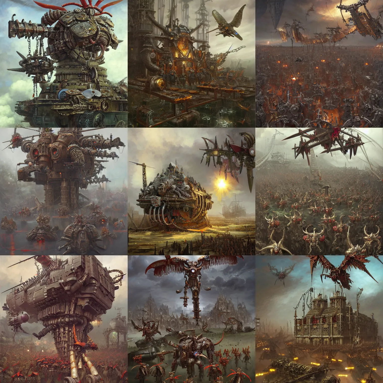 Prompt: warhammer base with propellers, cranes, chains, highly detailed, digital painting, artstation, concept art, smooth, sharp focus, illustration, artstation, art by giger and greg rutkowski and hikari shimoda and edmund blair leighton and charlie bowater, painted warhammer miniature