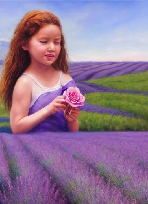 Image similar to girl eating a rose in a lavender field. by AquaSixio, hyperrealistic oil painting, 4k, very detailed faces