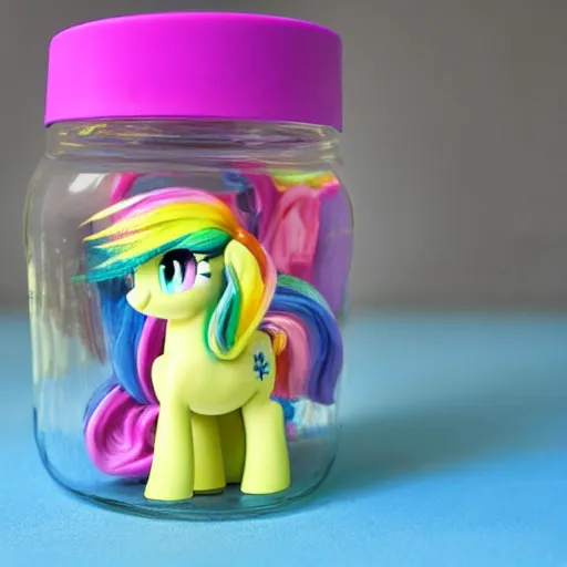 Image similar to a my little pony figure in a jar covered in a mysterious sticky yellowish fluid