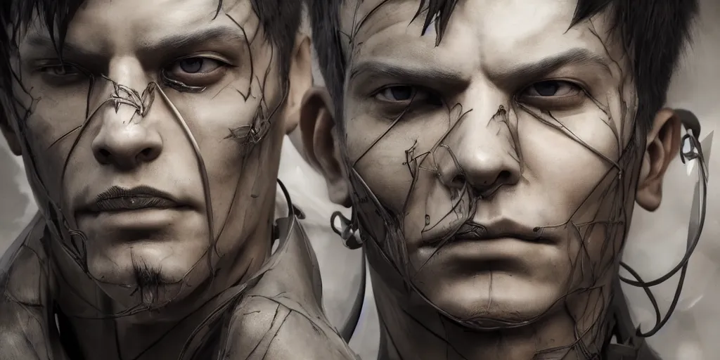 Image similar to hyper realistic photography of a stunningly beautiful cyborg male, intimately holding close, in the style of beth cavener, jin kagetsu,, and wlop, highly detailed, intricate filigree, symmetry, masterpiece, award winning, sharp focus, concept art, highkey lighting, ambient lighting, octane render, 8 k, artstation