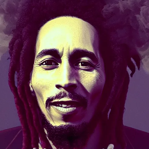 Image similar to colour masterpiece surreal closeup portrait photography of bob marley, highly detailed, smoke background, artstation, octane rendering, 8 k