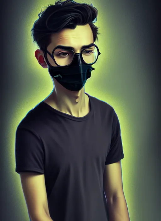 Image similar to handsome young man with black medical mask, half body shot, path traced, highly detailed, high quality, digital painting, alena aenami, lilia alvarado, shinji aramaki, karol bak, alphonse mucha, tom bagshaw