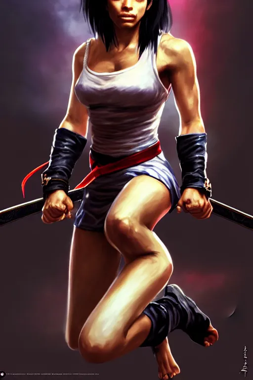 Image similar to Tekken 4 fighter anime Stunning Portrait Rosario Dawson with Karate master uniform, short black hair with a sword on her back in a fighting stance, digital painting, artstation, concept art, soft light, hdri, smooth, sharp focus, illustration, art by tian zi, craig mullins, Mark Arian, WLOP, alphonse mucha