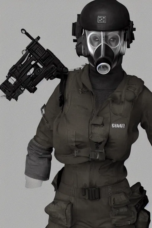 Prompt: british sas female operative with the standard s 1 0 gas mask and the black uniform, 8 0 s, artstation, trending on artstation, establishing shot