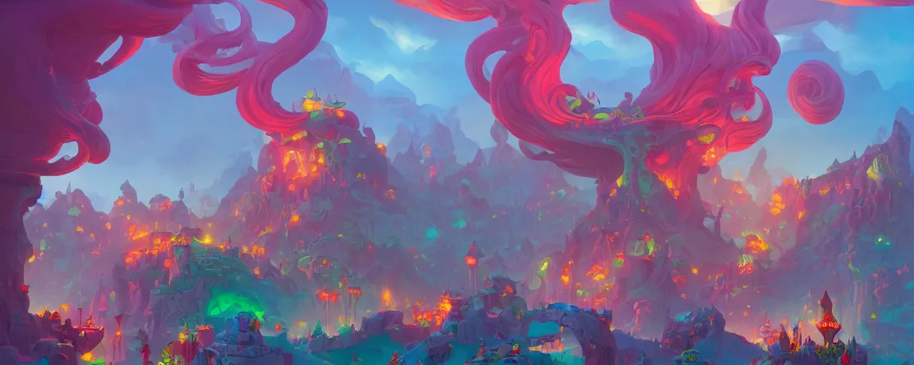 Prompt: candyland!!! bright colors, epic, blake rottinge, marc simonetti, gouache, trending in artstation by peter mohrbacher,