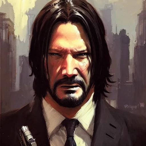 Image similar to greg manchess portrait painting of partially armored john wick as overwatch character, medium shot, asymmetrical, profile picture, organic painting, sunny day, matte painting, bold shapes, hard edges, street art, trending on artstation, by huang guangjian, gil elvgren, ruan jia, greg rutkowski, gaston bussiere