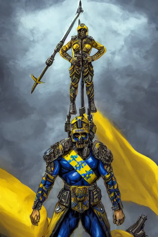 Image similar to a distant shot of a Ukrainian super soldier with blue and yellow flag behind him and a trident symbol on the chest standing alone on a huge pile of skulls posing as a winner in a beam of light from the cloudy sky, masculine muscular figure, D&D, fantasy, intricate, elegant, highly detailed, extremely detailed, digital painting, artstation, concept art, matte, smooth, hyper realistic, sharp focus, illustration, art by Artgerm and Greg Rutkowski and Alphonse Mucha