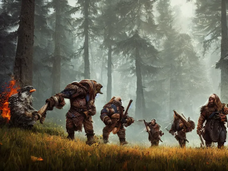 Image similar to Heroic Dwarf woodsmen treading forest with their Companion Raven, RPG Scene, Oil Painting, Trending on Artstation, octane render, Insanely Detailed, 8k, HD