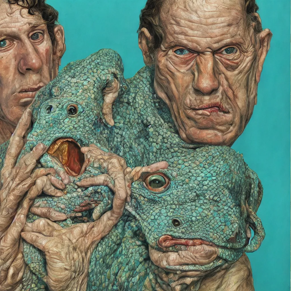 Image similar to high quality high detail painting by lucian freud, jenny savile, unsettling portrait of the lizard man, turquoise, hd