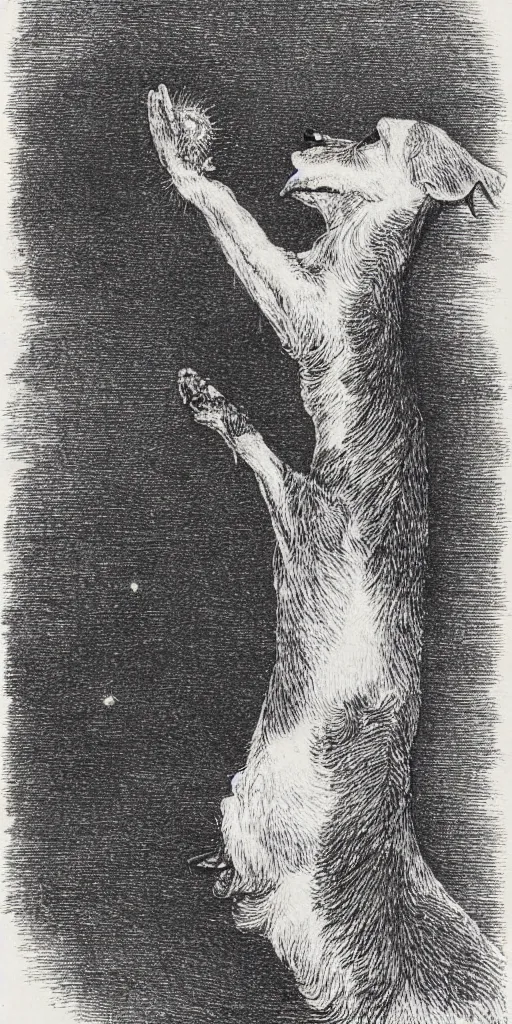 Image similar to portrait of jack russel dog looking up and howling with mouth open sad, night sky, highly detailed, side view, illustrated by peggy fortnum and beatrix potter and sir john tenniel