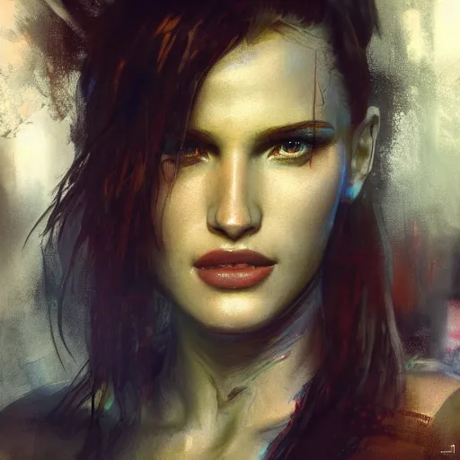 Image similar to bella thorne, hyperrealistic full figure, bladerunner street, art of elysium by frank frazetta and by jeremy mann, fantasy art, photo realistic, dynamic lighting, artstation, full figure poster, volumetric lighting, very detailed face, 4 k, award winning