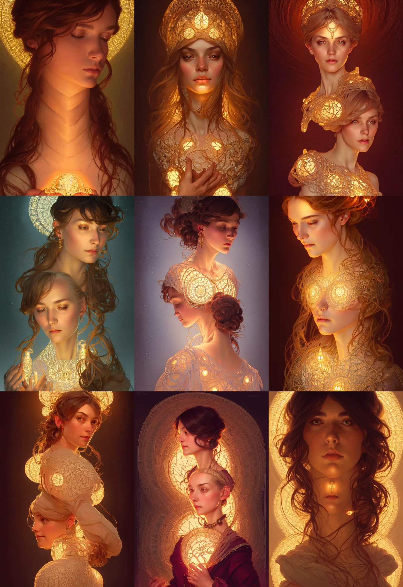 Image similar to symmetry!! portrait of a woman, cottagecore!!, glowing lights!! intricate, elegant, highly detailed, digital painting, artstation, concept art, smooth, sharp focus, illustration, art by artgerm and greg rutkowski and alphonse mucha