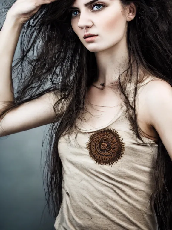 Image similar to hyperdetailed photo of a beautiful ukrainian girl, brown eyes, dark hair, winds of winter, with ripped t - shirt