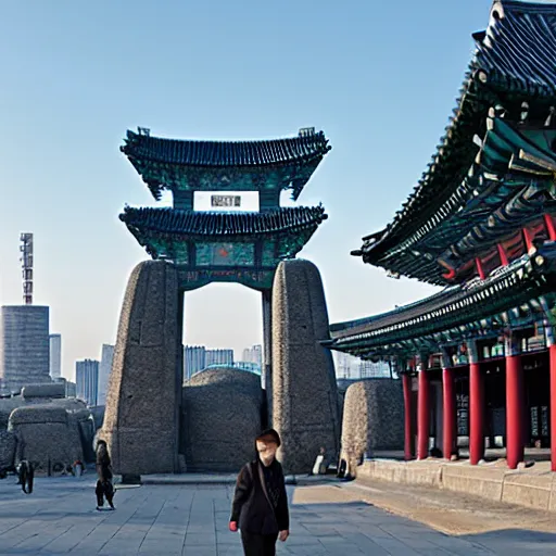 Image similar to concpet art of 2 0 7 7 years seoul, gwanghwamun, cyberfunk