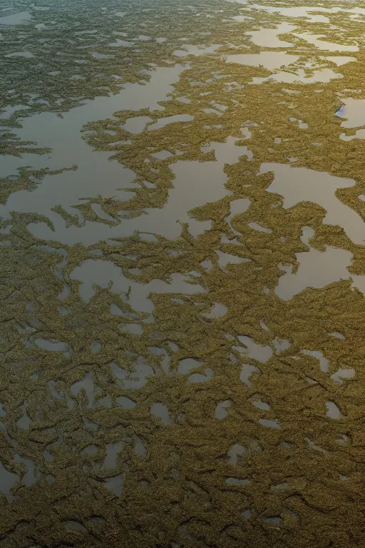 Prompt: cinematic stunning concept art dry river delta aerial view of dense swampland by denis villeneuve and hiroshi yoshida and rothko, full height fluid simulation in houdini, distant mountain range, hyperrealism, moorland, matte painting, trending on artstation, 8 k very hight detail, rendered in octane