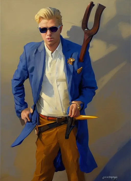 Image similar to greg manchess portrait painting of a blond man in a blue suit with a sword and a pistol, asymmetrical, profile picture, organic painting, sunny day, matte painting, bold shapes, hard edges, street art, trending on artstation, by huang guangjian, gil elvgren, ruan jia, randy vargas, greg rutkowski