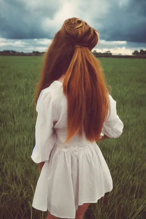 Prompt: kodak ultramax 4 0 0 photograph of a girl with long hair standing in a field, stormy clouds, wicked clouds, big clouds, back view, grain, faded effect, vintage aesthetic,