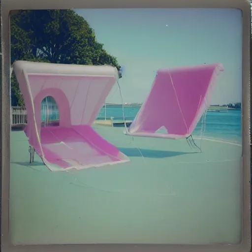 Image similar to a pastel colour high fidelity Polaroid photo from a holiday album at a seaside with abstract inflatable parachute furniture, all objects made of transparent iridescent Perspex no people, nostalgic