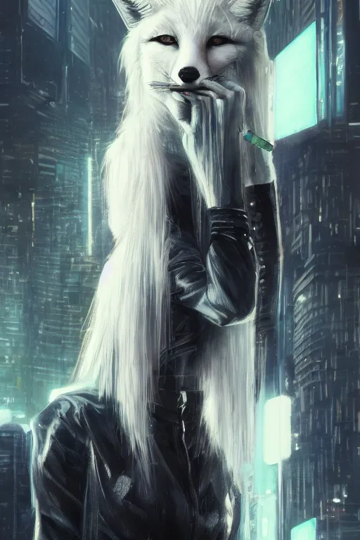 Image similar to gorgeous portrait of a tall beautiful white female anthro fox smoking a cigarette towering head and shoulders above the bustling crowd of a rainy city street around her, goth punk clothes, cyberpunk, harsh neon lights, highly detailed, sharp focus, digital painting, illustration, trending on artstation, art by sakimichan, wlop, greg rutkowski