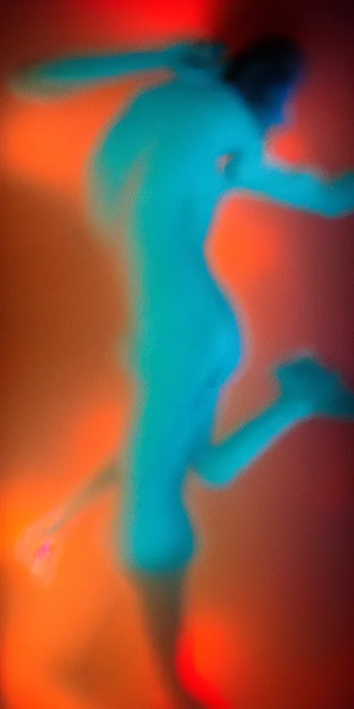 Image similar to a blurry closeup picture of abstract gorgeous human bodies, body parts, torso, macro photography, long exposure photograph, surrealism, anamorphic bokeh, orange and cyan lighting, cinematic