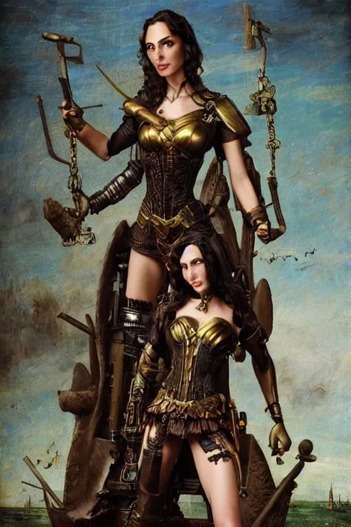 Prompt: highly detailed steampunk gal gadot standing, hieronymus bosch