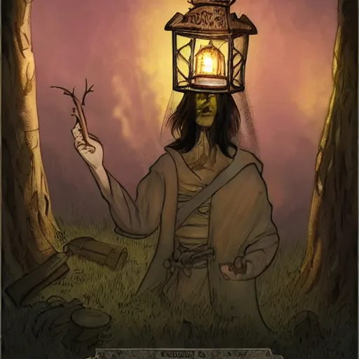 Prompt: cleric holding a lantern in a cemetery, ravenloft style, intricate, fantasy, rpg, d&d