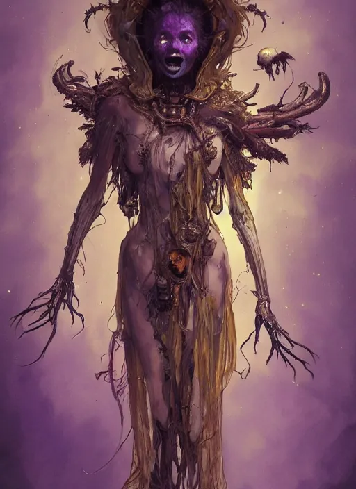 Image similar to portrait of a joyful ghost girl, golden robe, fangs , decaying bones, biomechanical, exposed bones, antlers, concept art, artstation, 4k, detailed, dramatic lighting, afternoon my sun, purple liquid, alphonse mucha, syd mead, moebius, mohrbacher, tarot card