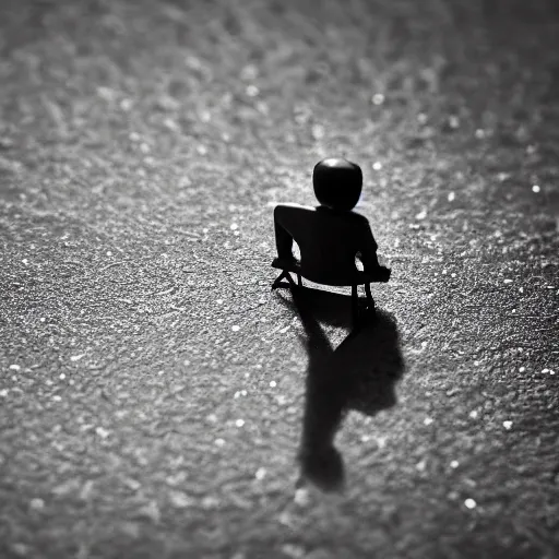 Prompt: macro photography of a tiny plastic depressed man in a suit, sitting on a bench with his cat, 3 5 mm macro shot,