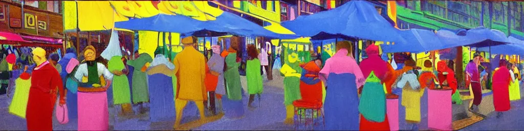 Prompt: bustling market scene with bulldog - fish humanoids enjoying their afternoon, brightly - colored cloths, sunny day | cerulean blue, azo yellow, quinacridone magenta | sparkling light, reflections, caustic light, art nouveau illustrative, american realism, vibrant, tonalist, volumetric light, occlusion, dust