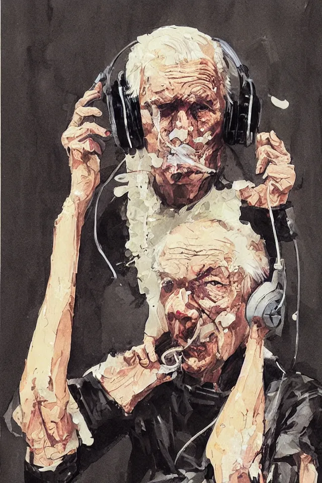 Prompt: Portrait of old age grandpa granny wearing a latex gimp suit, wearing headphones and a bone in hand by bill sienkiewicz